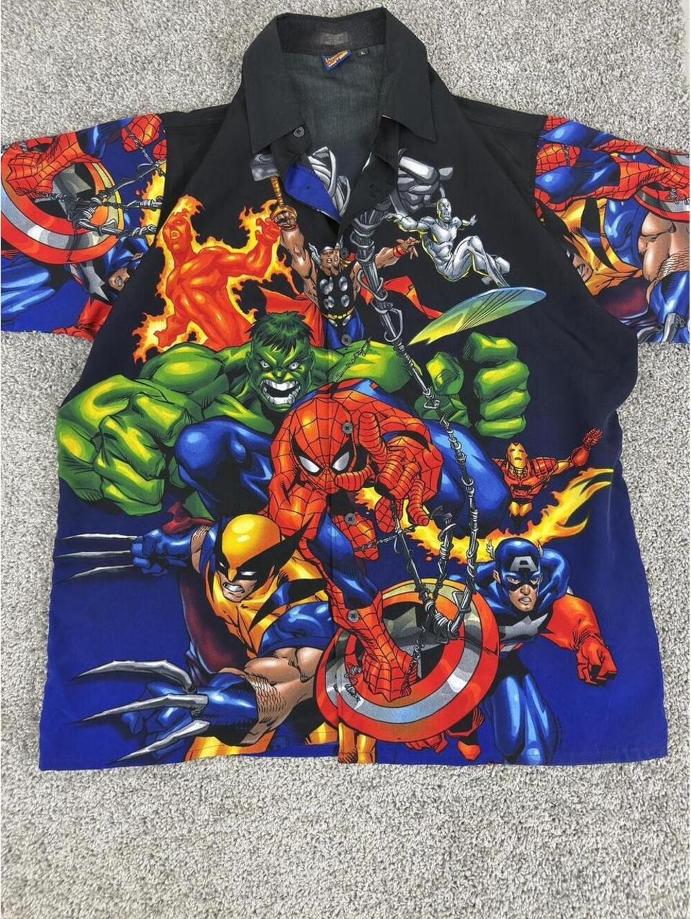 Marvel Comics all over print button up shirt.